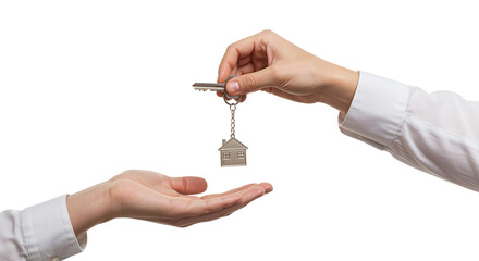 Hand passing key with house charm isolated on a transparent background