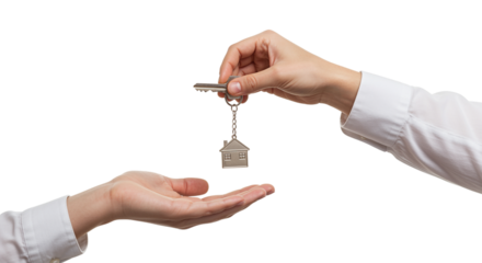 Hand passing key with house charm isolated on a transparent background