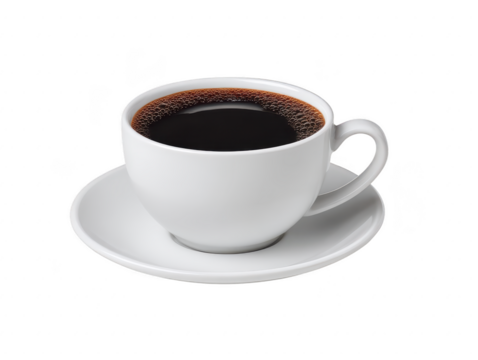 White ceramic cup filled with hot black coffee on matching saucer, isolated on transparent background, minimal style, morning beverage, caffeine boost, simple and inviting