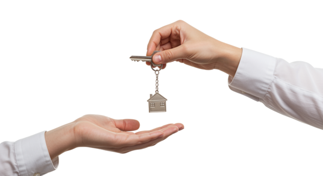 Hand passing key with house charm isolated on a transparent background