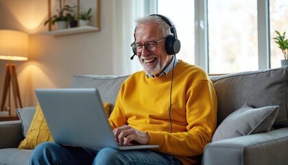 Elderly man with headphones laughs playing video game on laptop. Senior enjoys online gaming on couch, feeling excited. Mature gamer celebrates win, using tech for fun, social interaction at home.