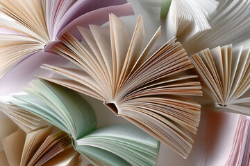 Open books in various colors arranged together on a flat surface showcasing the beauty of literature and reading