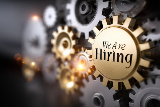 Recruitment announcement with gears symbolizing teamwork and opportunity in a modern business environment
