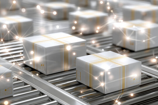 Packages move smoothly on a conveyor system in a futuristic warehouse. The setting highlights advanced technology and automation, enhancing delivery efficiency and logistics