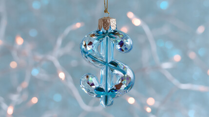 A decorative ornament in the shape of a dollar sign hangs against a sparkling background, representing wealth and prosperity during the holiday season