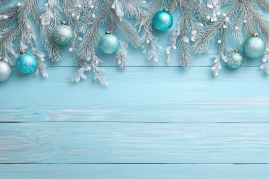 Colorful ornaments hang from frosted branches against a light blue wooden background - Powered by Adobe