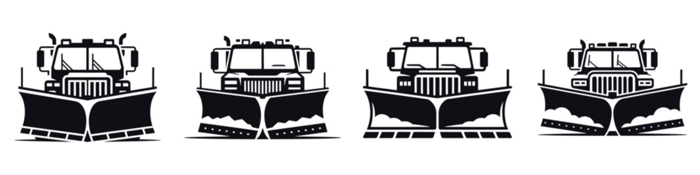 Snow Plow Truck Vector Illustration Set &ndash; Winter Road Cleaning Silhouette, Heavy Vehicle, Snow Removal Equipment, Cold Weather Machinery, and Frozen City Maintenance Design Art