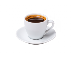 White cup filled with hot black coffee on matching saucer, isolated on transparency background, showing rich crema and inviting aroma, perfect for morning energy and relaxation