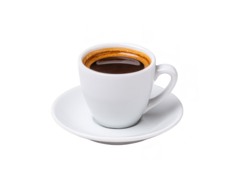 White cup filled with hot black coffee on matching saucer, isolated on transparency background, showing rich crema and inviting aroma, perfect for morning energy and relaxation - Powered by Adobe