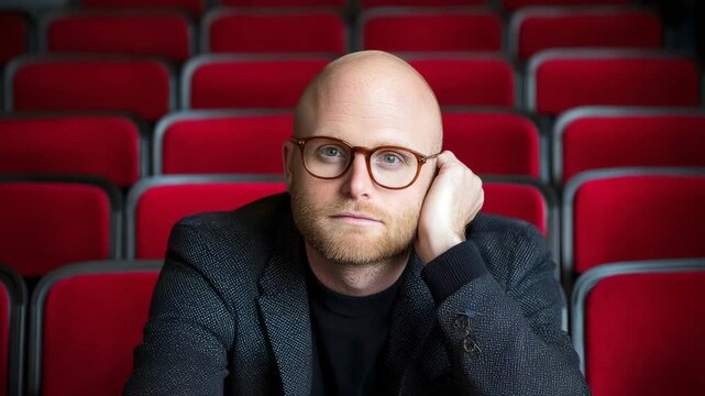 Creative individual with glasses resting head on hand in empty auditorium filled with red seats