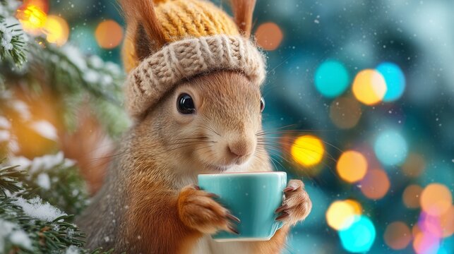 Squirrel in winter hat enjoys a warm drink during a snowy day in a cozy setting