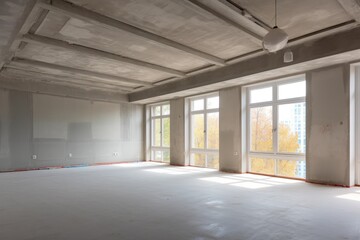 Obraz premium Spacious unfinished interior with large windows.