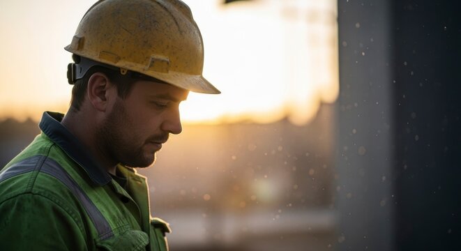 Focused Builder: A hardworking builder, adorned in a hardhat and reflective vest, gazes thoughtfully. The photo captures the essence of labor, perseverance, and dedication. 