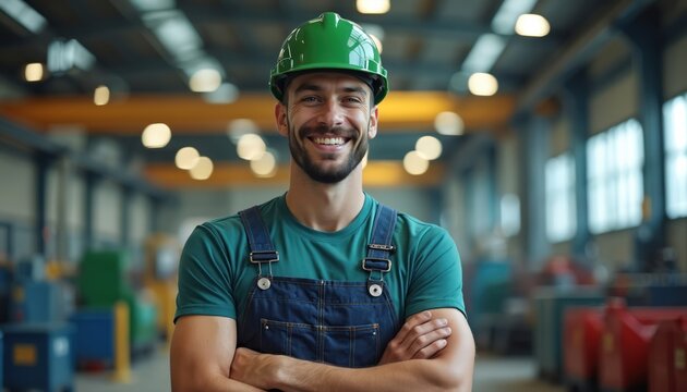 Smiling man in green hard hat and blue overalls stands arms crossed in factory. Confident worker poses in industrial plant with machinery background. He works in manufacturing.