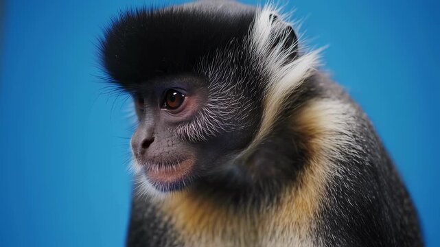 Captivating Portrait of a Crested Mona Monkey Against a Vibrant Blue Backdrop.