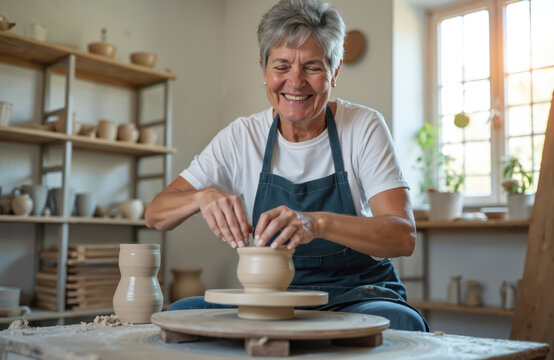 Smiling elderly woman shapes clay on pottery wheel. Mature artisan works with mud, creates ceramic pot. Craftsperson happy in workshop, makes earthenware art.