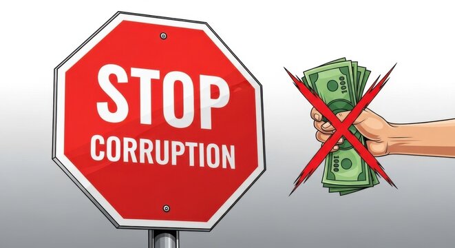 Illustration with a stop sign reading “Stop Corruption” and a hand holding money crossed out in red. Concept for International Anti-Corruption Day on December 9 - Powered by Adobe