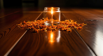 Lit candle in glass jar surrounded by marigold petals on polished wood, concept of golden reflection, relaxation, and soothing ambiance