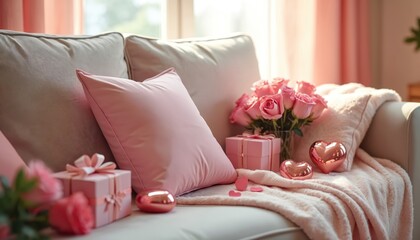 Pink roses, gifts, and heart decor adorn a cozy couch. Mockup pillow sits on sofa, creating romantic ambiance. Soft, plush blanket draped for comfort.