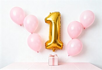 Golden number 1 foil balloon with pink balloons for a first birthday party. Festive decoration with a gift box on a white background. Milestone celebration concept