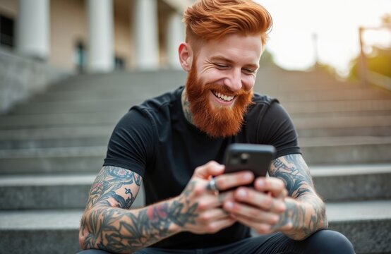 Young red-haired bearded man smiles, laughs using smart mobile phone outdoors. Sits on grey concrete steps, happily checking social media feed, messaging friends. Tattoos cover arms. Modern guy