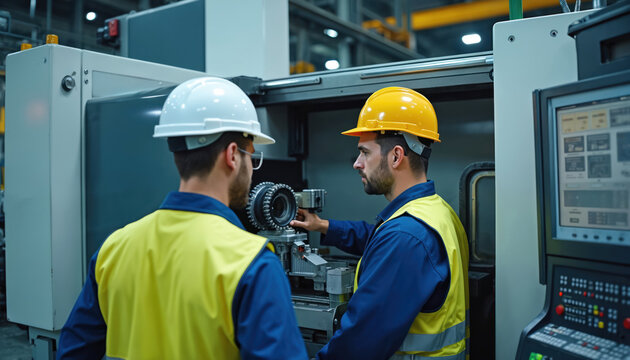 Two male engineers wear safety hard hats, high vis vests in factory. Work together on complex industrial machine. One man points at component. Another worker observes, assisting with tech production