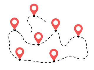 A winding dotted line connects multiple red location pins against a white background.