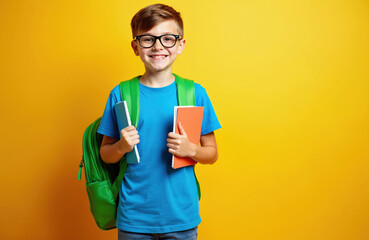 Happy young boy wears glasses, blue t-shirt, green backpack. Child smiles, holds colorful school books. Kid stands against bright yellow background, ready for learning, education, smart study, new
