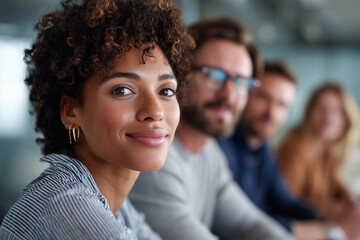 A woman with curly hair is smiling at the camera