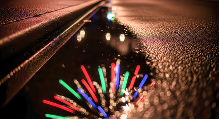 Fireworks reflected in rain puddle on wet asphalt, concept of colorful celebration.