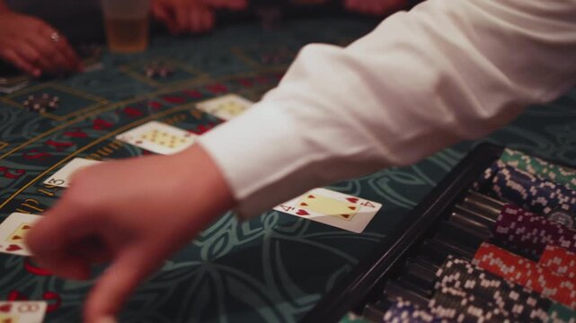 Casino table with roulette wheel in motion, with casino chips, tokens, the hand of croupier, dollar money and a group of gambling rich people playing bet on a party, blue poker table and deck of cards