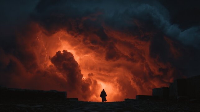Powerful storm clouds surround a solitary figure under dramatic lightning in a dark, atmospheric scene