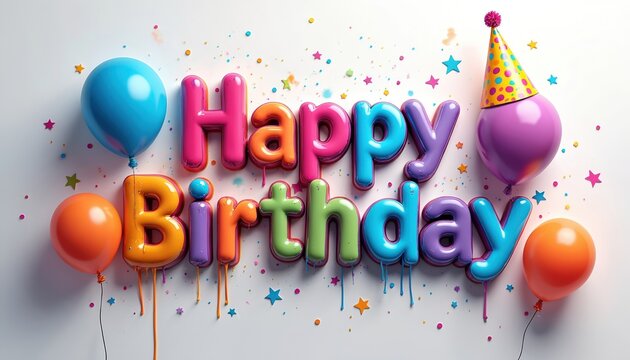 Colorful balloon letters spell out Happy Birthday. Festive confetti and balloons surround the text. A party hat sits atop a balloon, adding to the celebratory theme. - Powered by Adobe
