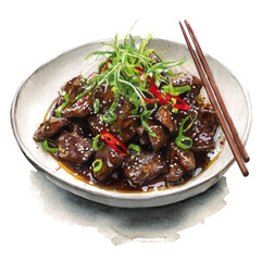 Mongolian Beef in watercolor style, vector illustration, isolated on white background.