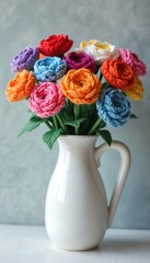 Colorful crochet flowers in white ceramic jug on white surface against light background. Crocheted flowers bouquet in vase. Handmade multicolored roses. Decorative knitted textile flowers for home