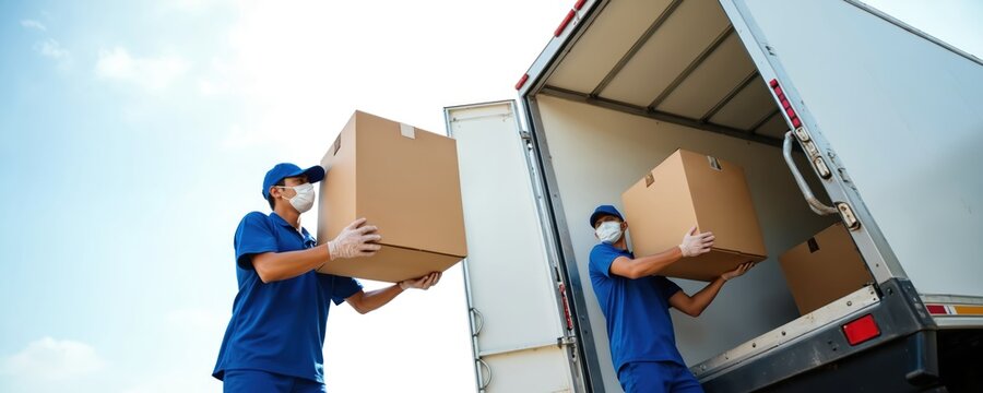 Two pro movers wear blue uniform, cap, face mask, gloves. Load cardboard boxes into large white delivery truck. Workers handle customer packages safely during relocation service, showing careful - Powered by Adobe
