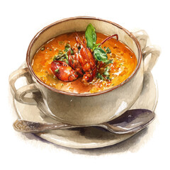 A watercolor painting of Lobster Bisque, vector illustration on white background.