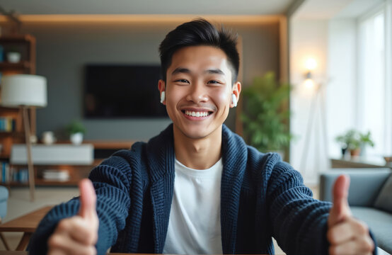 Young Asian man smiles, gives thumbs up during webcam video call. He wears earbuds, casual sweater. Online learning class, remote work, positive communication, home office setting.