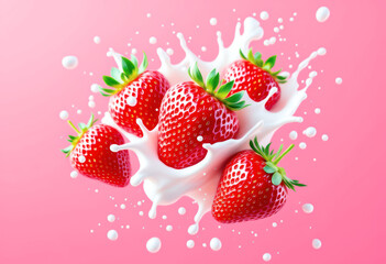 Fresh strawberries splashing in milk on pink background