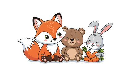 Fototapeta premium Adorable fox, bear, and bunny friend group cartoon graphic for children's storybooks and designs