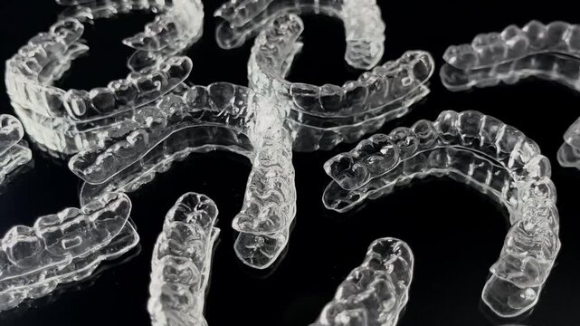 Transparent invisible dental aligners or braces aplicable for an orthodontic dental treatment. Invisible dental teeth brackets tooth aligners on blue background. Plastic braces dentistry retainers