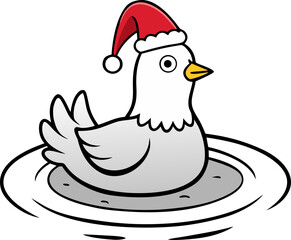   Hen swimming in icy pond with Santa hat, funny flat vector, Vector line art icon, Black And White  white background
