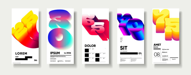 A set of five modern abstract posters featuring vibrant gradient shapes in purple, red, and orange hues. Each design incorporates minimalist typography and geometric elements
