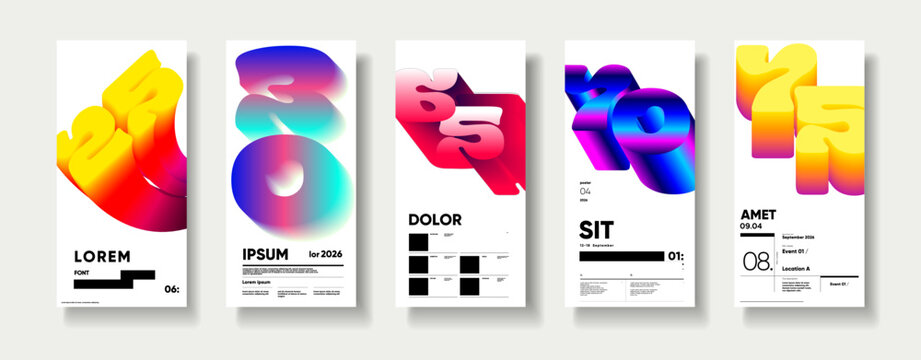 A set of five modern abstract posters featuring vibrant gradient shapes in purple, red, and orange hues. Each design incorporates minimalist typography and geometric elements