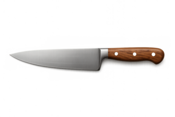 Chef's knife with stainless steel blade and wooden handle, a sharp culinary tool for kitchen cooking and food preparation, transparent background
