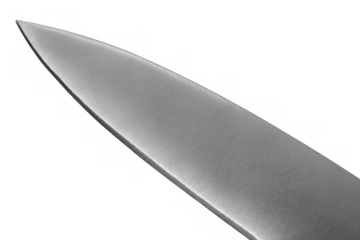 Sharp metal blade close-up, reflecting light, illustrating precision and danger in cooking or weaponry, transparent background