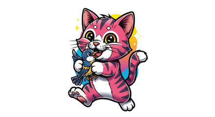 Adorable pink tabby cat catching a bluebird illustration for children's storybooks