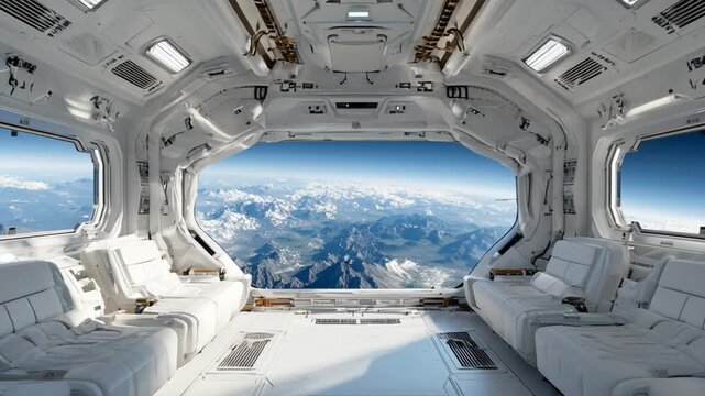 Interstellar View: A pristine spaceship cabin offers a breathtaking vista of a planet below, inviting exploration