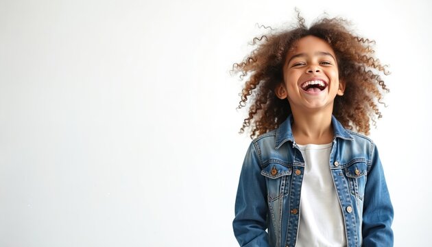 Young girl laughs hysterically with joy, showing teeth and curly hair. Happy child wears denim jacket, isolated against white wall. Pure emotion, fun, and carefree energy.