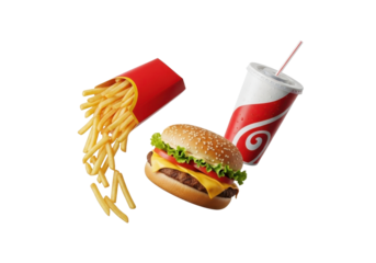 Floating Fast Food Combo Midair: Burger, Fries, Soda Cup, Isolated on White